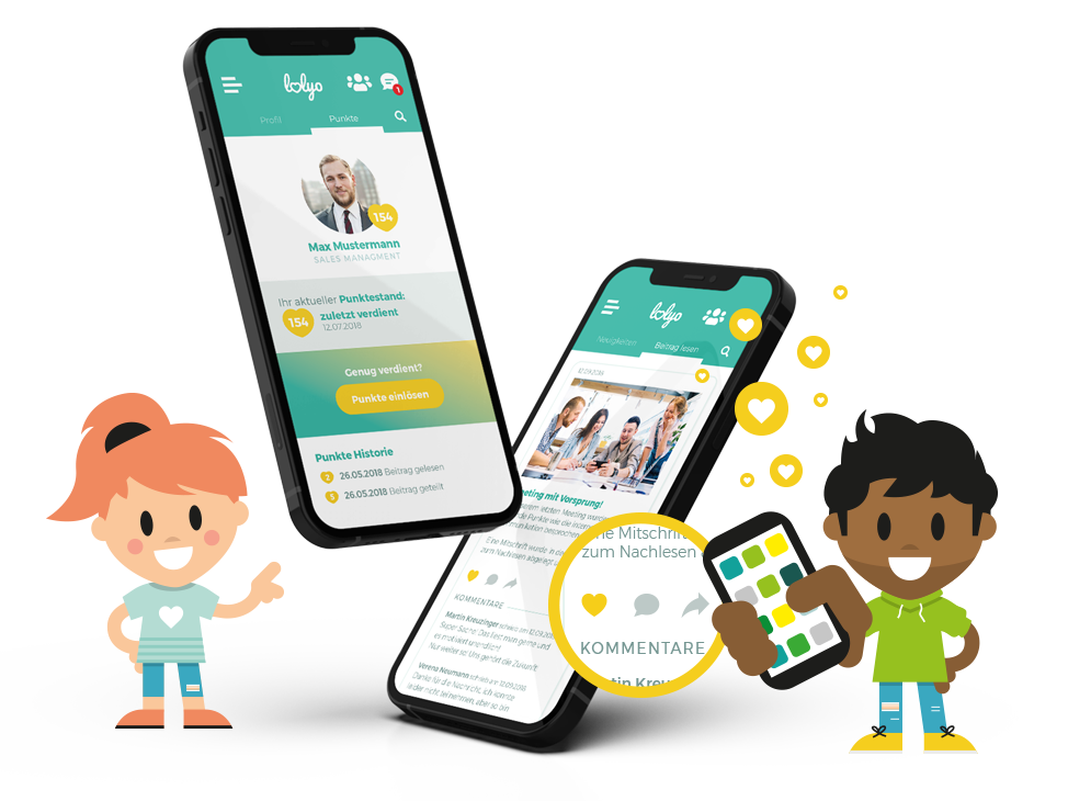 Das einzigartige Engagement-Tool der LOLYO Mitarbeiter-App, das zur aktiven Beteiligung am internen Austausch motiviert