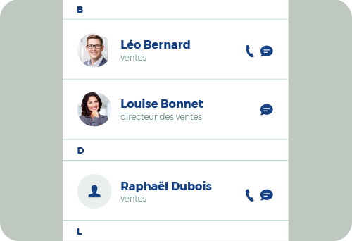 LOLYO intranet mobile d'entreprise - liste de contacts Prénom/Nom - outil de communication interne