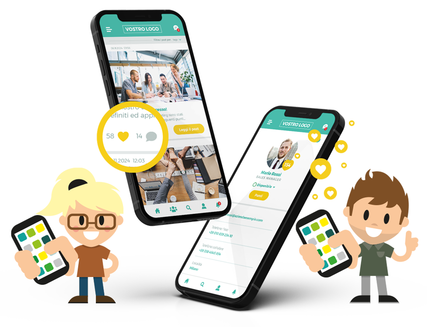 Figure di ragazzo e ragazza con smartphone in mano e schermata dell'intranet mobile app di lolyo che mostra come guadagnare punti con le varie attività