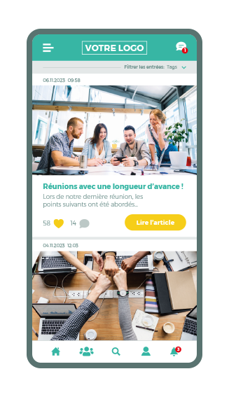 smartphone écran de l'application de l'employé - le fil d'actualite