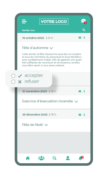 smartphone écran de l'application de l'employé - Évènements