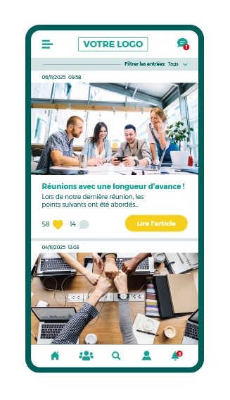 smartphone écran de la digital workplace - le fil d'actualite