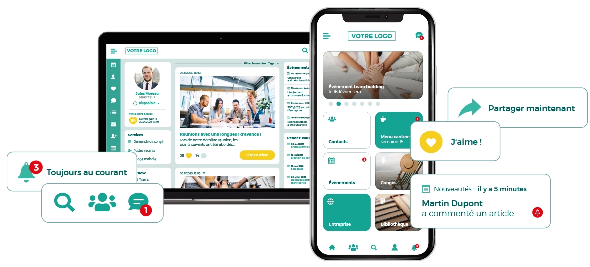 Réseau social d'entreprise LOLYO - fonctionnalités version web et mobile