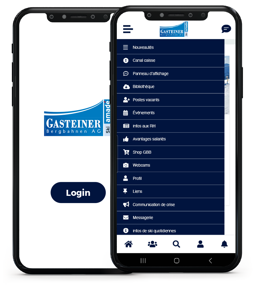 LOLYO réseau social d'entreprise - Gastein App - login et menu 