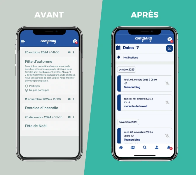 lolyo réseau social d'entreprise - nouveautés, avant/après de l'affichage des rendez-vous