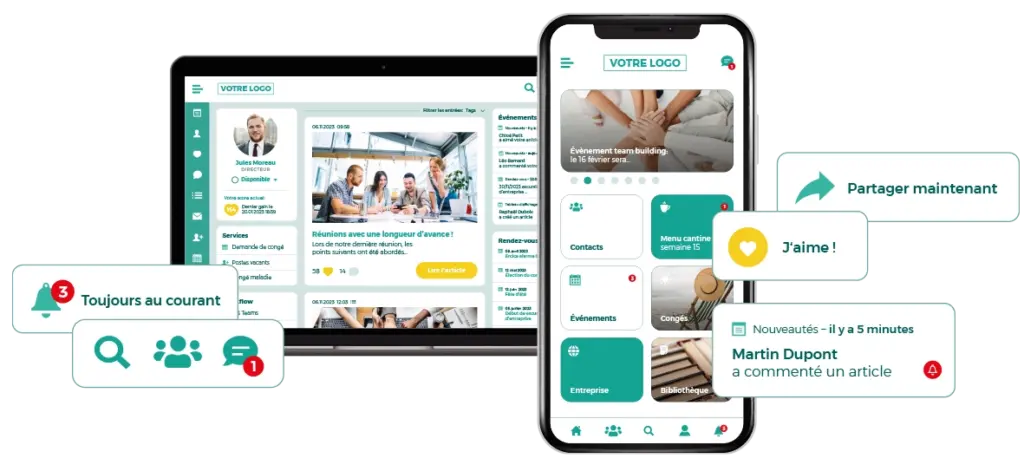 LOLYO : aperçu de l'application de communication interne sur navigateur web et sur smartphone