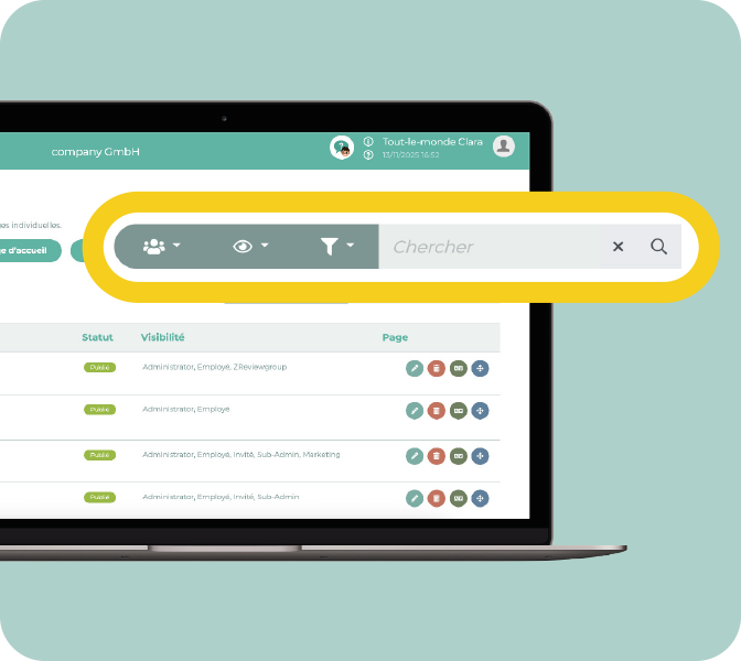 LOLYO réseau social d'entreprise - recherche et filtre pages et menu