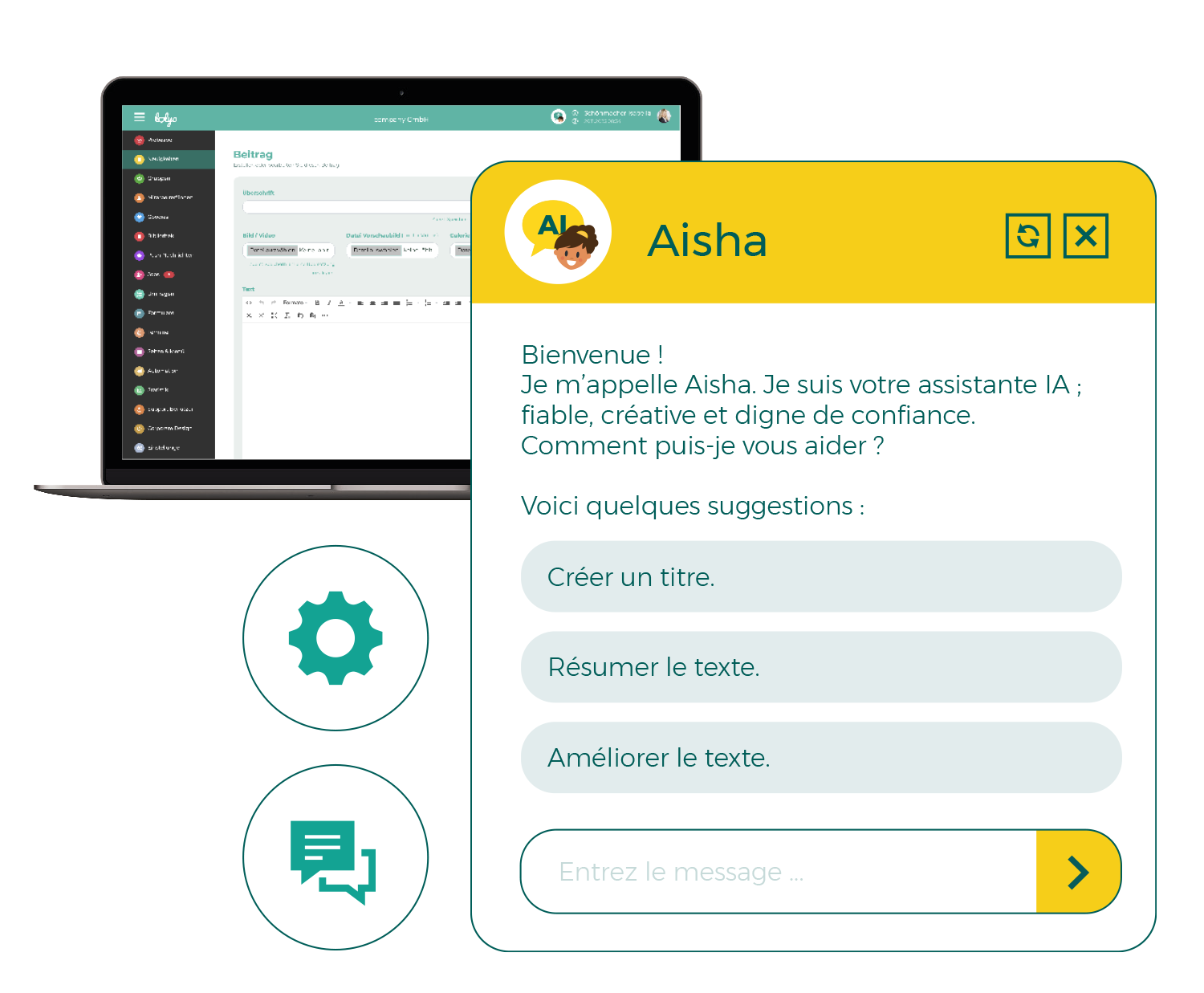 Réseau social d'entreprise: Assistant IA Aisha Chatbot admin