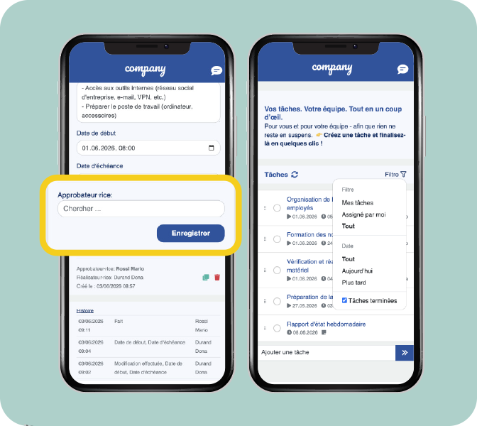Créez de nouvelles tâches en un seul clic depuis votre réseau social d’entreprise ! Réseau social d'entreprise - nouvelle fonctionnalité - créer des tâches - attribuer des tâches - écran de smartphone